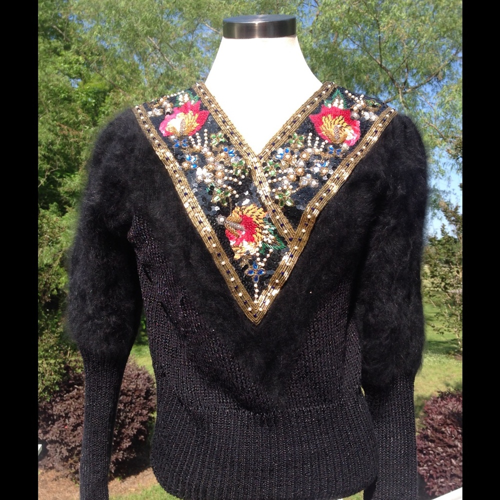 Vintage Mohair Black Sequin Sweater Pearl Beaded
